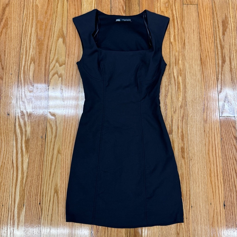 Zara Black Square Neck Side Zip Padded Shoulder Mini Dress